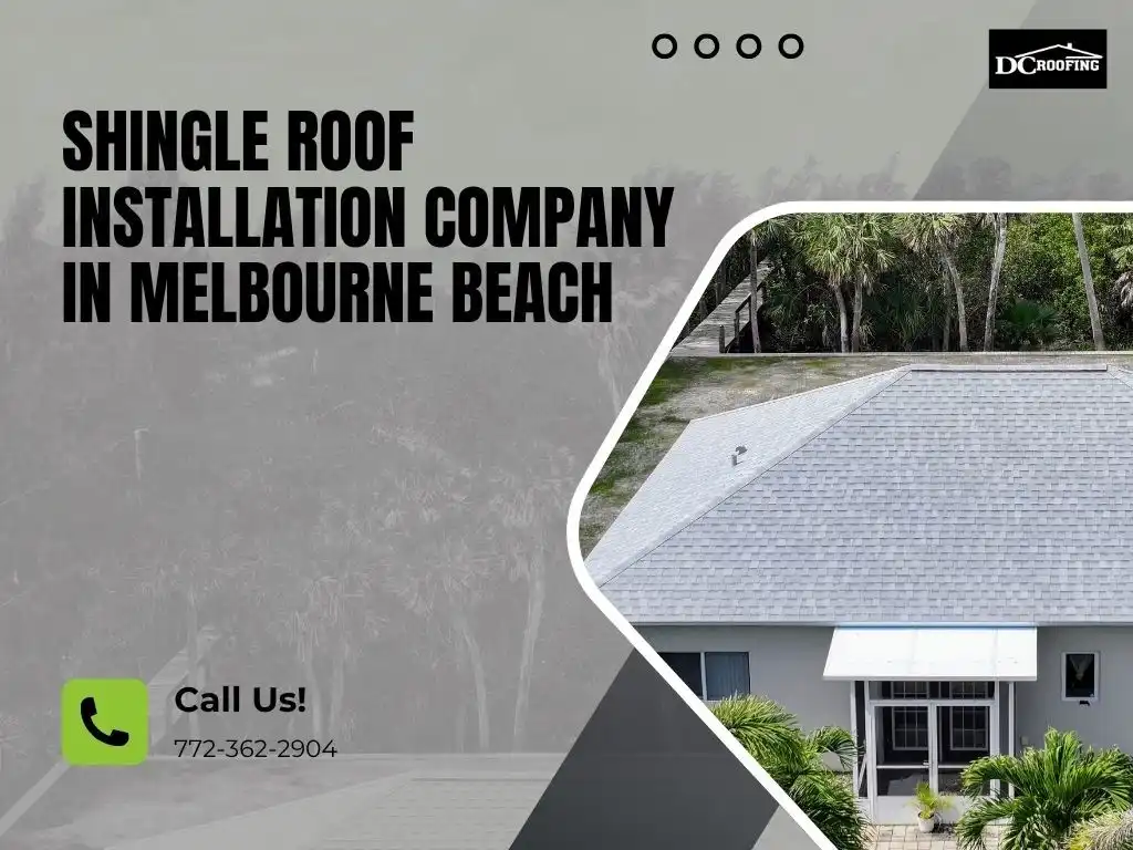 DC Roofing shingle roof installation in Melbourne Beach home surrounded by palm trees